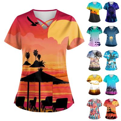 Women's Hawaii Printed Uniform Work Uniform V-Neck Pocket Protective Work Uniform