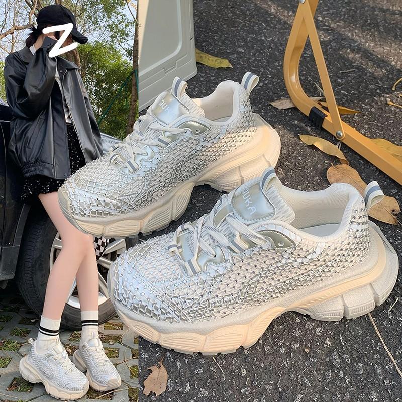 Rhinestone dad shoes women's 2025 spring new Internet celebrities with the same lace-up thick sole heightening versatile sports shoes casual shoes