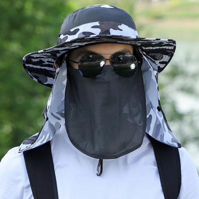 Sun Hat with Windproof Rope 360-Degree Sunshade System Curly Foldable Brim Outdoor Hat with Face Guard Shawl