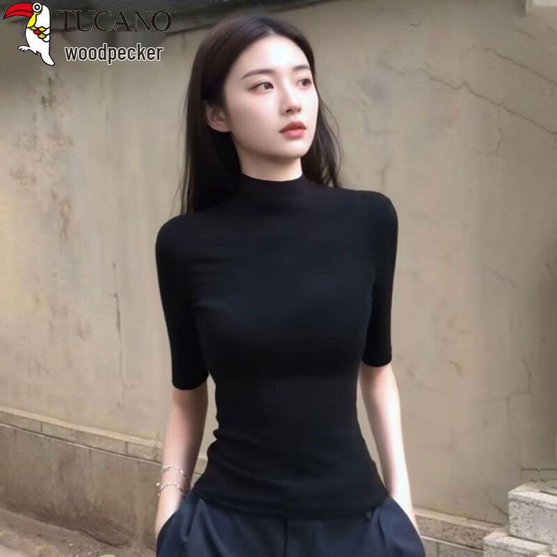 Women s Basic Summer Slim-Fit Mock Neck Mid-Sleeve T-Shirt M