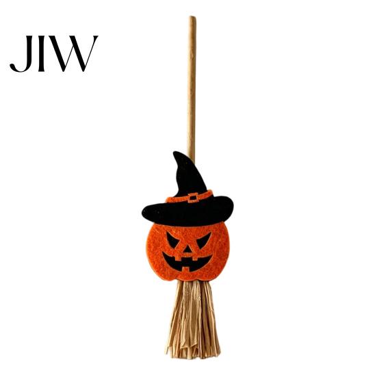 Mini Halloween Desktop Decor Broomstick Ornament, Witch Pumpkin Bat Ghost with Natural Grass Handmade Festive Craft Broom, Tabletop Prop for