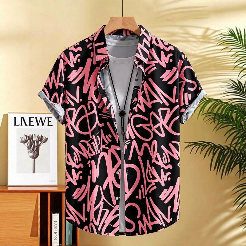 Casual Men's Letter Graffiti Print Short Sleeve Shirt