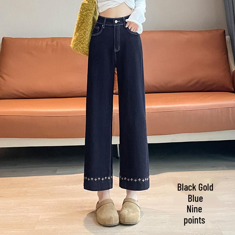 Retro Washed Embroidered Wide-Leg Crop Pants Large