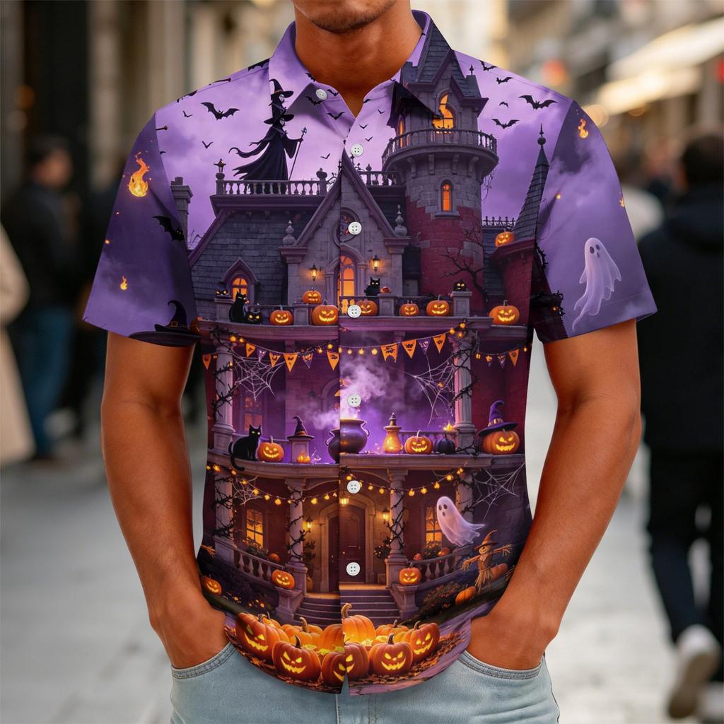 Men's Halloween Print Vintage Button Down Cardigan Shirt - Loose Fit Breathable Summer Casual Streetwear Top