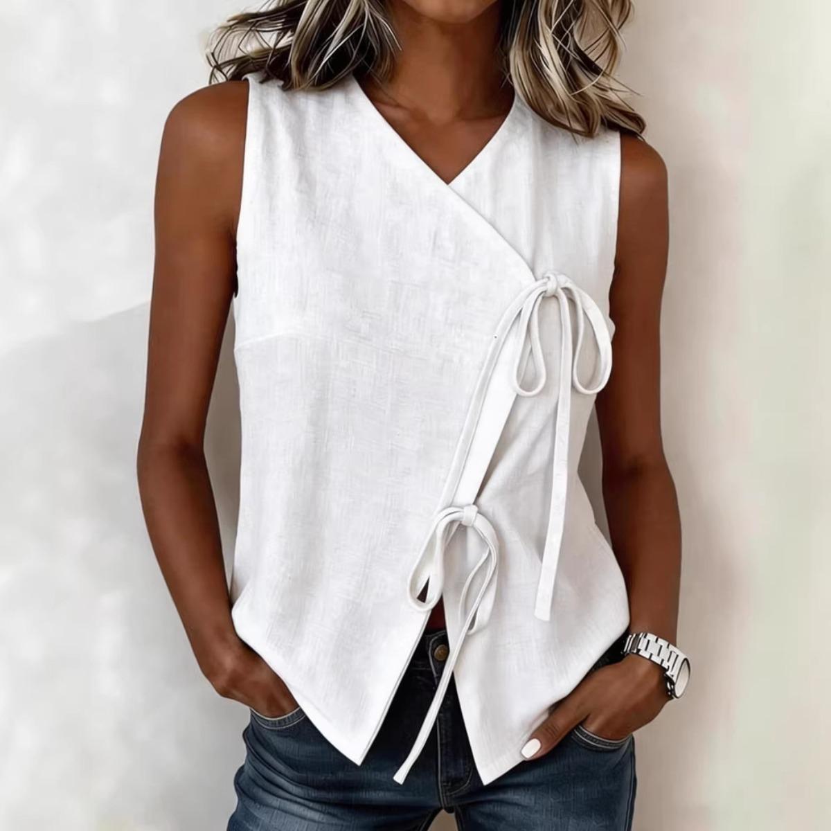 Women s V Neck Sleeveless Loose Linen Tank Top Solid Side Bow Tie Casual Summer Wrap Vest S