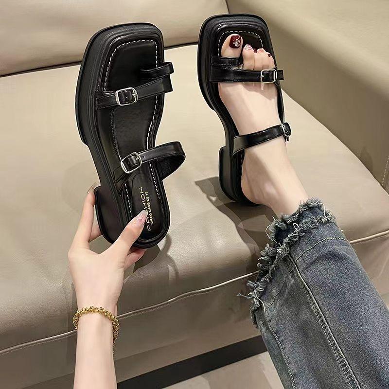 2025 summer new slippers muffin Internet celebrity set toe muffin bottom Roman word cool slippers thick-soled Korean sandals
