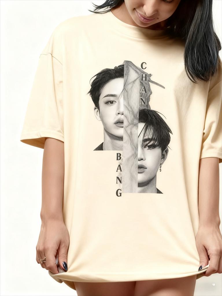 Retro Bang Chan Stray Kpop Muster T-Shirt Baumwolle Retro mit Kurzarm Design Angemessen Neutral Lässig