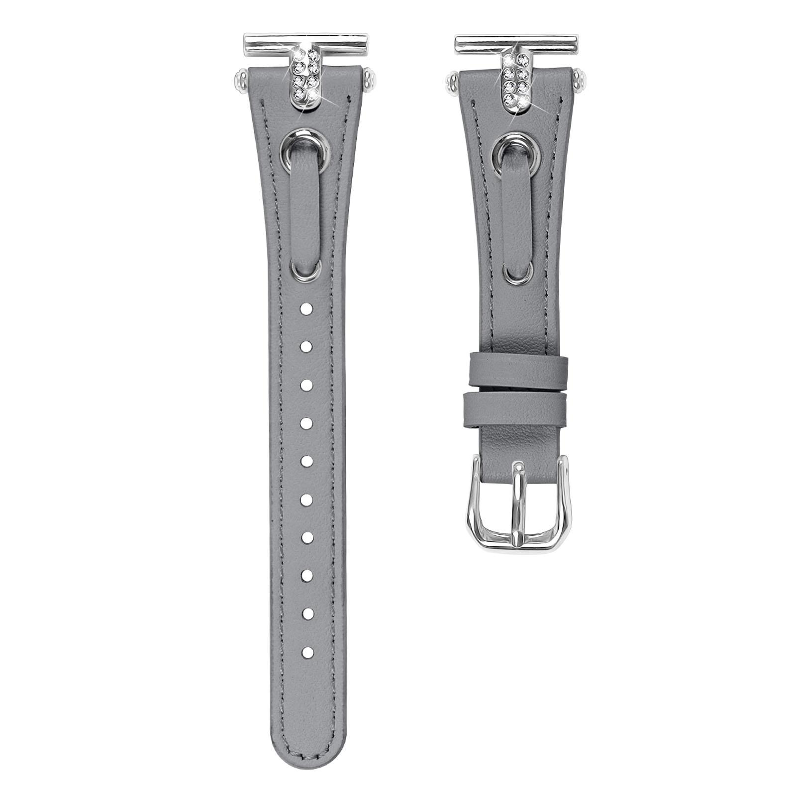 

For Motorola Moto 360 42mm (2nd gen) Genuine Cow Leather Watch Band Rhinestone Decor Watch Strap with Silver Buckle Grey