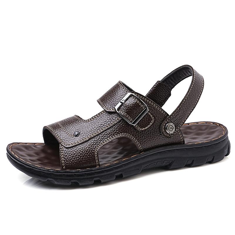 Solid Color Buckle Designer Leather Sandals for Men Summer New Fashion Beach Shoes Male Dual-use Anti-slip Slipper Shoes Man