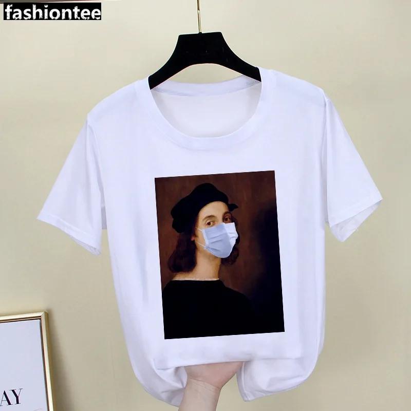 Parody Retro Oil Painting Print Ladies Simple Loose White Round Neck Short Sleeve T-shirt Women Clothing Graphic Tops Harajuku