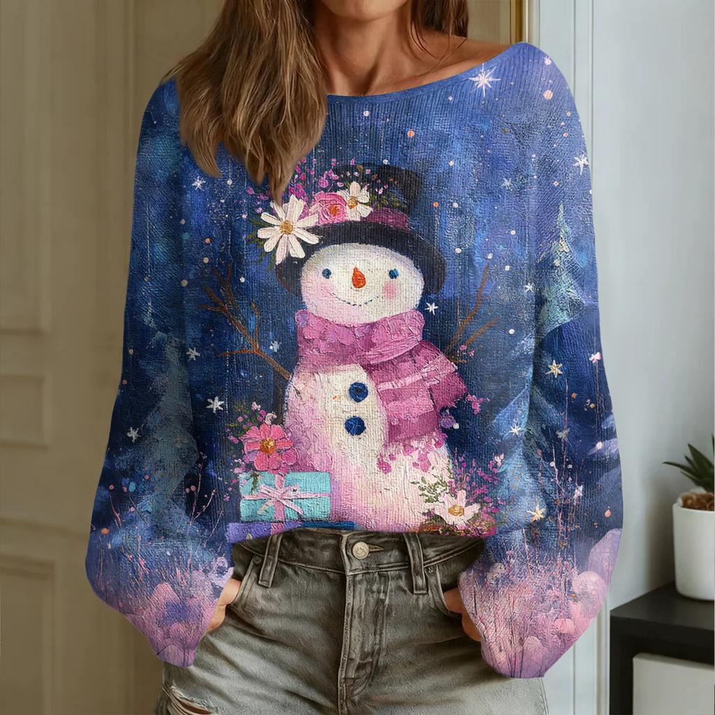 Women's Fashion Round Neck Long Sleeve Christmas Print Casual Pullover Sweater Top