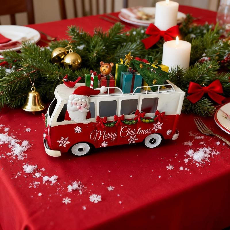 1pc Metal Christmas Bus Desktop Decoration Kids Toy Gift Vintage Craft Miniature Vehicle Xmas Table Home Decor Presents Kids