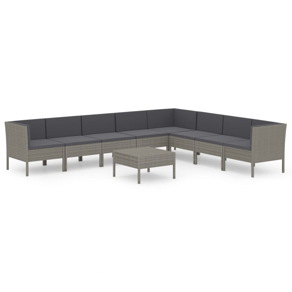Vidaxl 9-Cz. Garden Lounge Set, Cushions, Grey PE Rattan
