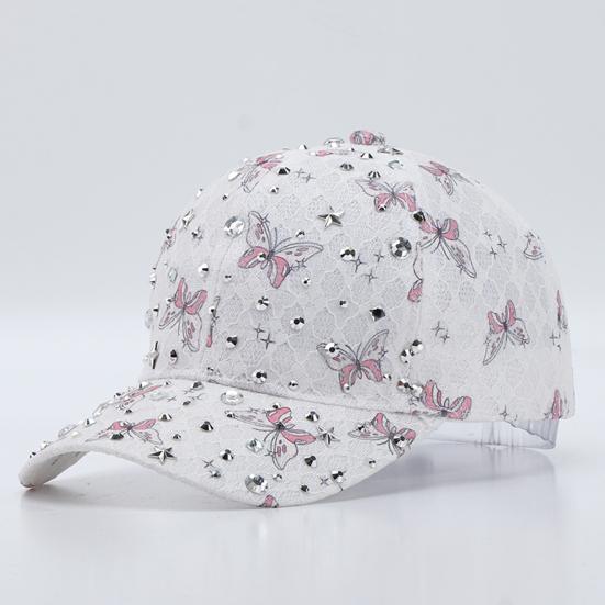 Baseball Hat Adjustable Back Buckle Butterfly Design Curved Brim Sun Protection Lace Hat with Rhinestones Inlaid Women Headwear