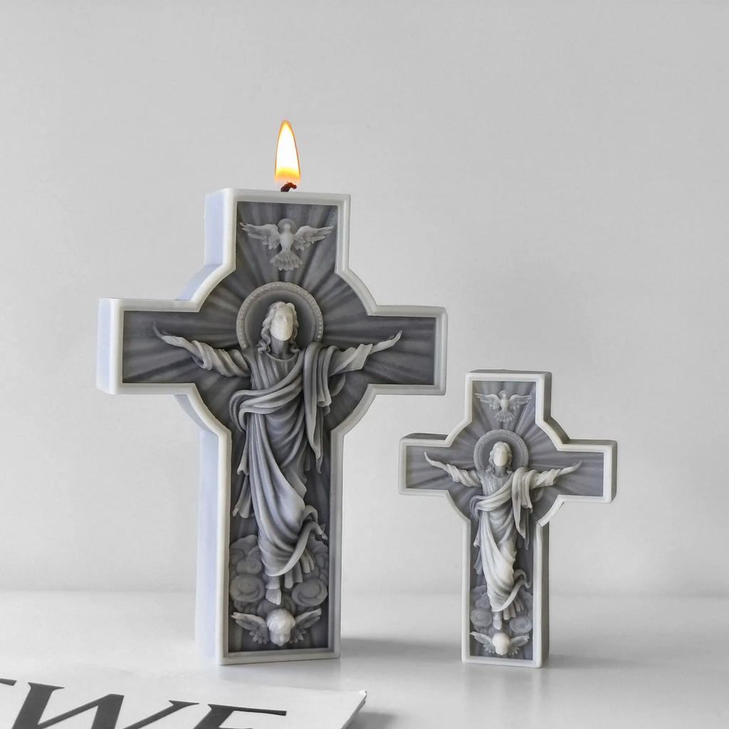 Handmade Aroma Candle Plaster Resin Sculpture Ornament Mold Home Decor Crafts Making DIY Jesus Cross Portrait Silicone Mold