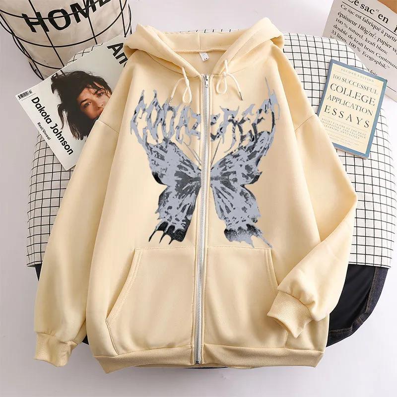 Hooded sweater in stock, zipper sweater autumn and winter European and American butterfly sweater gothic sports hooded jacket
