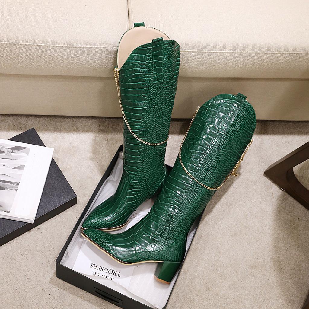 Women's high-heeled boots sexy European and American style crocodile pattern thick heel pointed large size medium boots