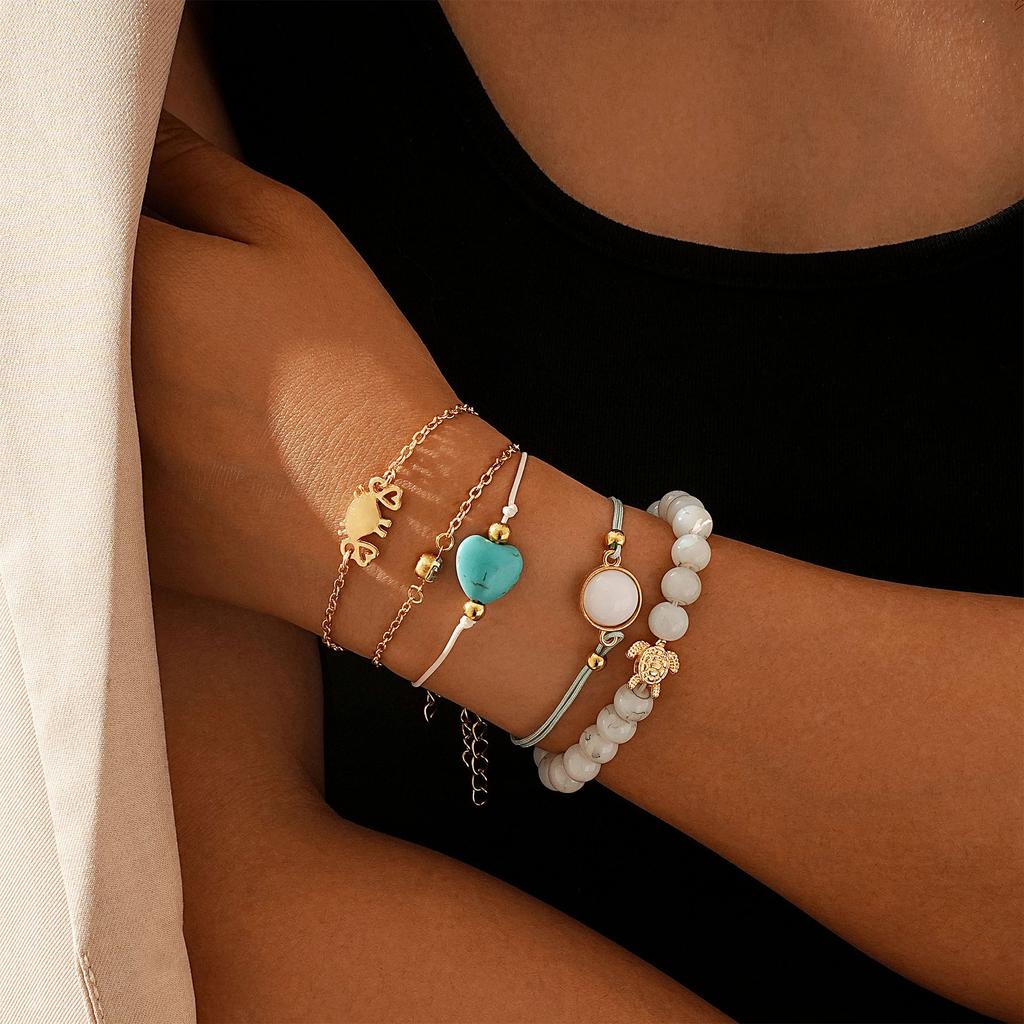 Women Bohemian Style Love Heart Turtle Turquoise Beads Bracelet 5 In 1