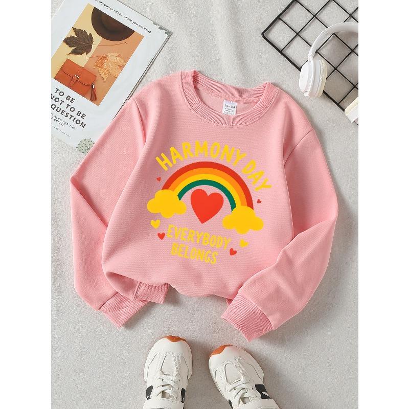 Girls' Long-sleeve Sweatshirt with Round Neck and Printed DesignHarmony Day Rainbow Suitable for Spring and Autumn, Fashionable and Casual
