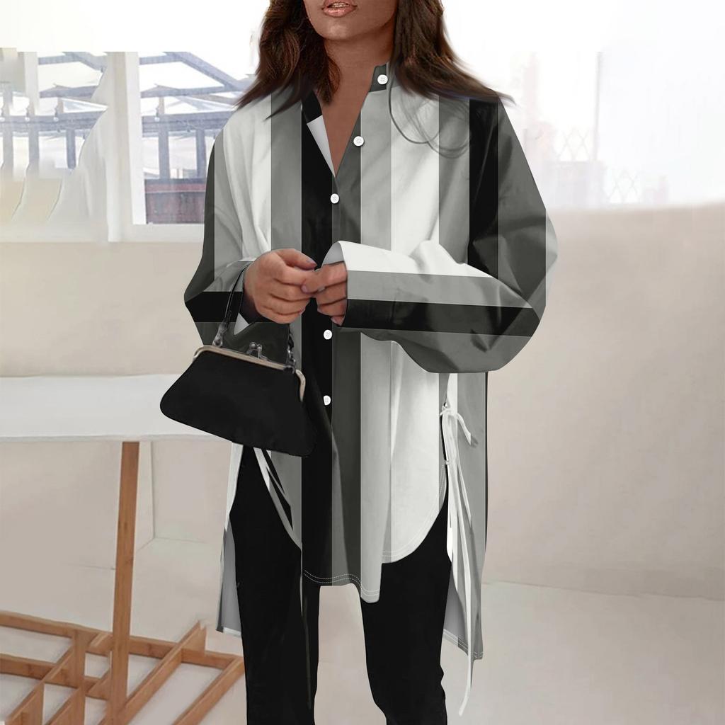 Camicia da donna di tipo sciolto a maniche lunghe con risvolto a maniche lunghe tinta unita alla moda