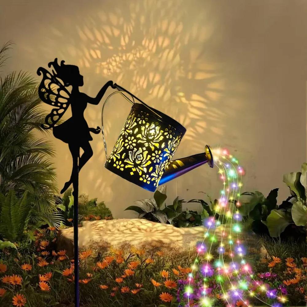Solar-Powered Iron Art Flower Fairy Lawn Lamp Outdoor Waterproof Garden Kettle Hollow Rojection Light for Decorative Outdoor Use