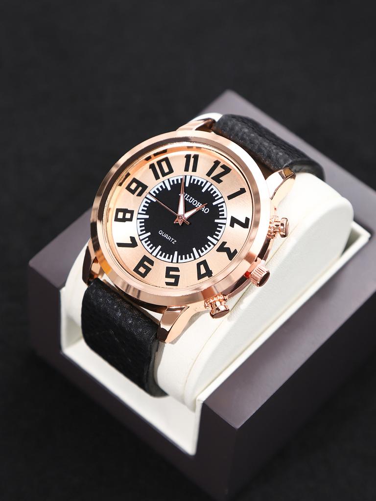 4PCS Watch Necklace Set, Business Men's Stylish Dial Quartz Calendar Watch, Luxury Men's PU Leather Watch, Ideal Gift for Me