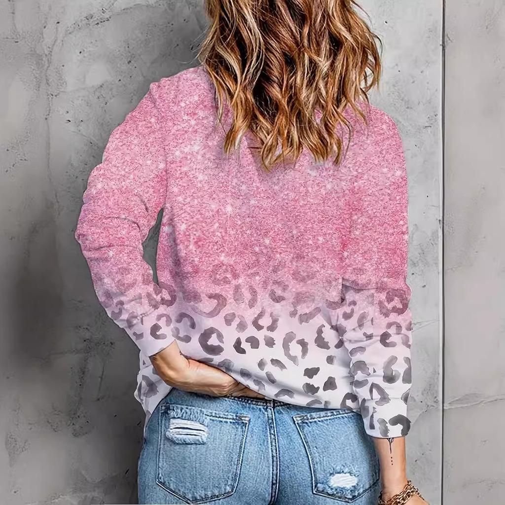 European and American large-size women's clothing spring and autumn leopard print t-shirt loose top