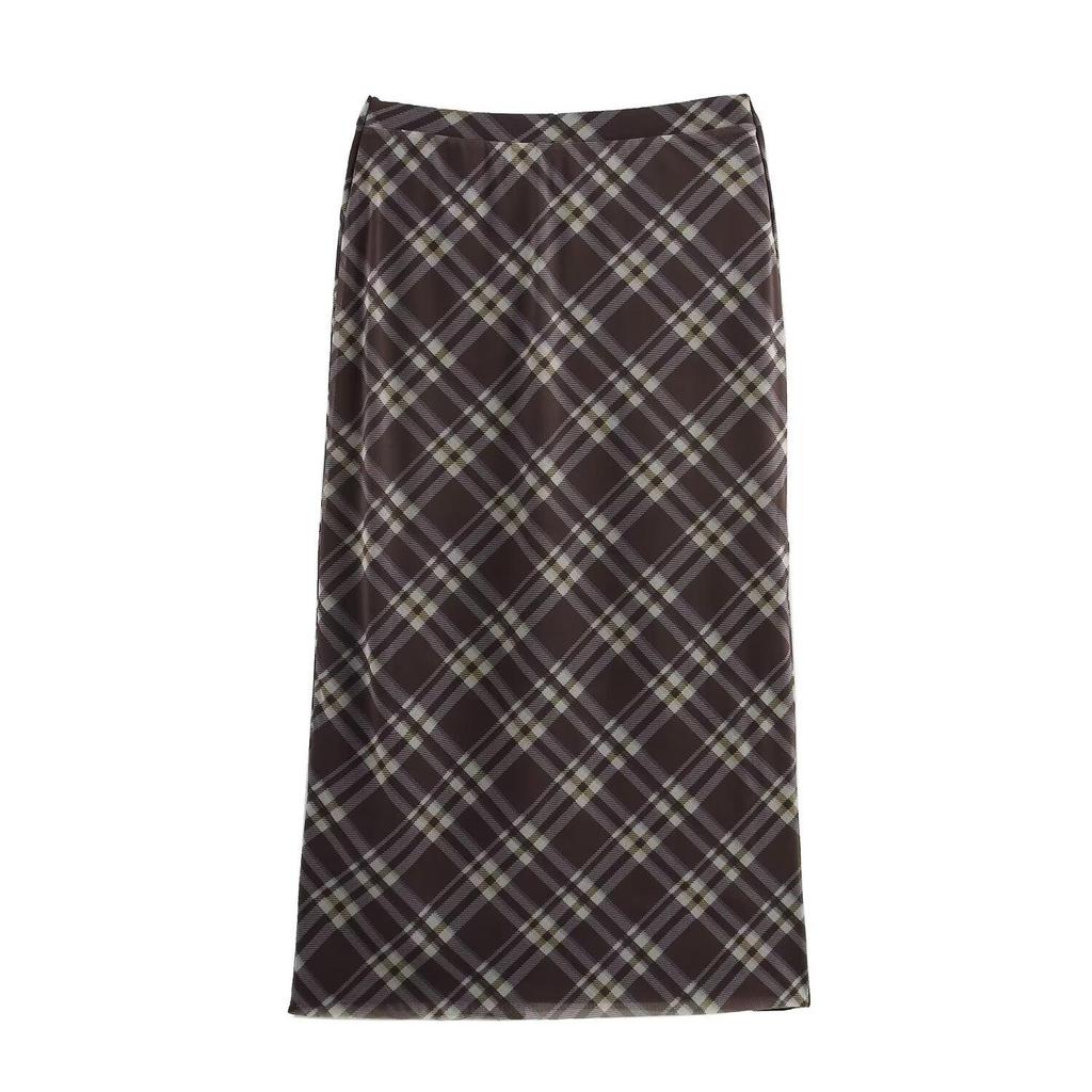 2025 Spring Women's Slim Plaid Silk Sarong Skirt with Button Details