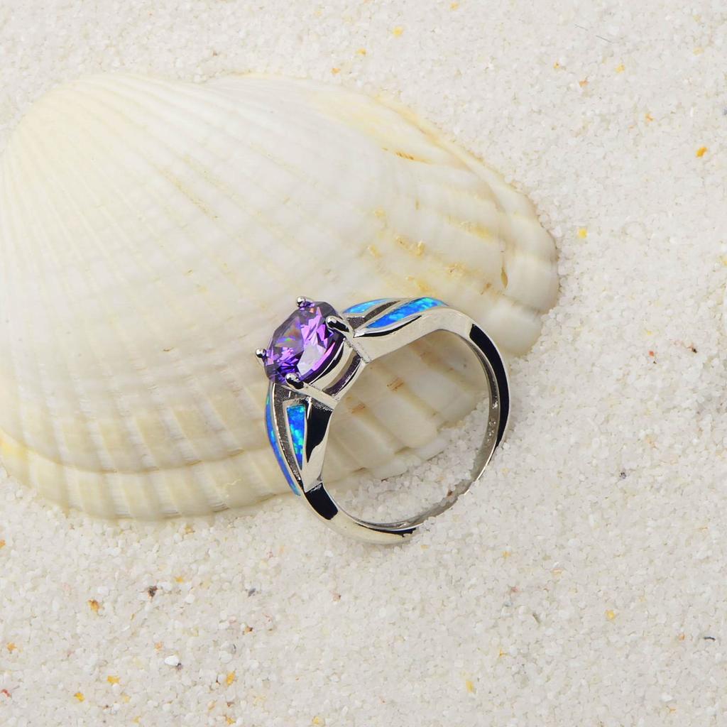 Purple Crystal & Blue Opal Ring | Silver Statement Band Jewelry