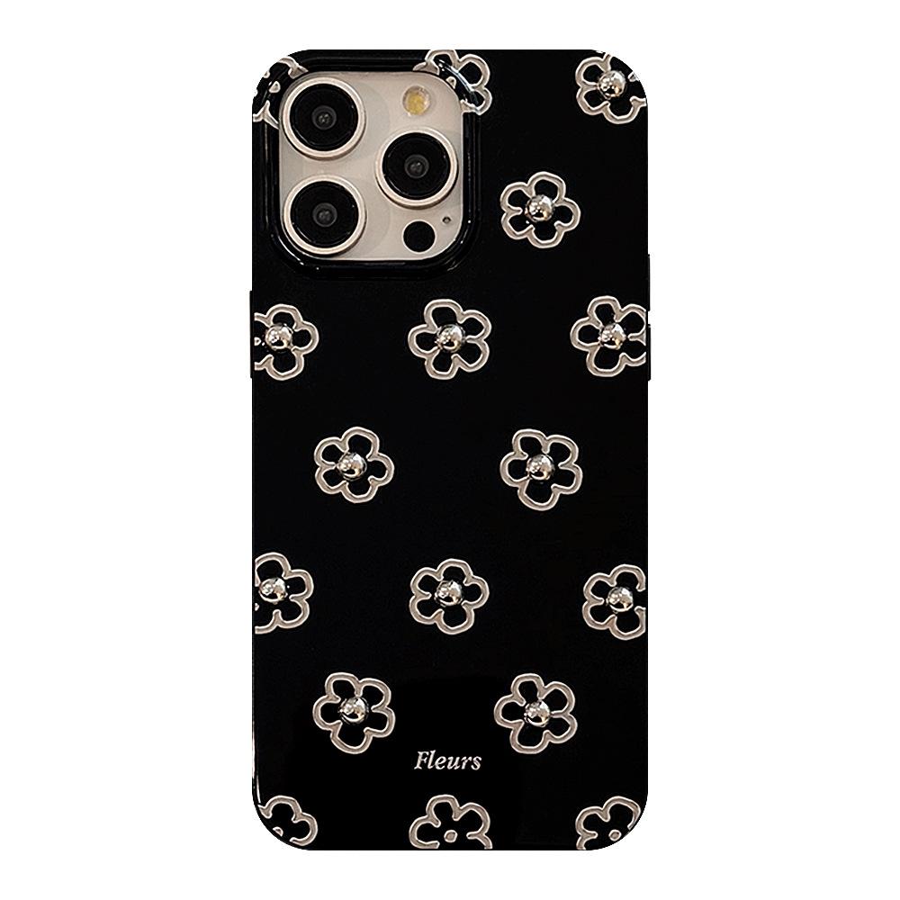Three dimensional Silver Bead Flowers Suitable for 14promax Apple 16 Mobile Phone Case IPhone 13 Hanging Chain 11 Metal Wind 12 Soft