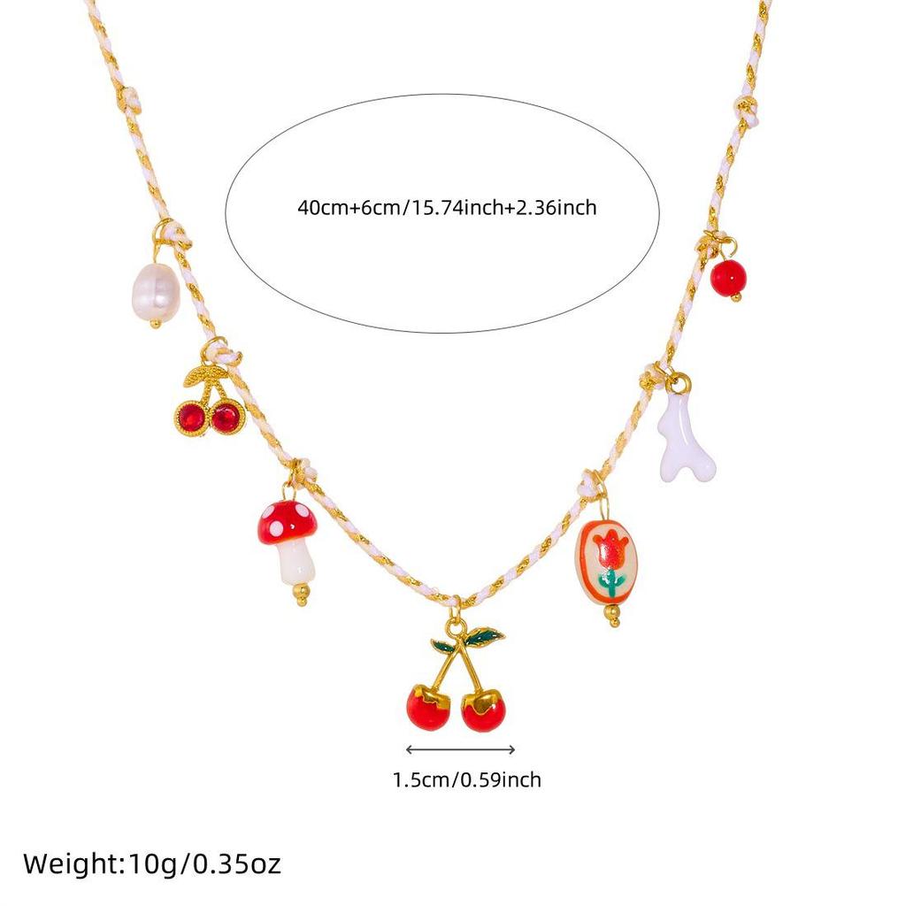 Fashion Stainless Steel Faux Pearl Pendant Necklace with Cherry and Starfish Design for Women
