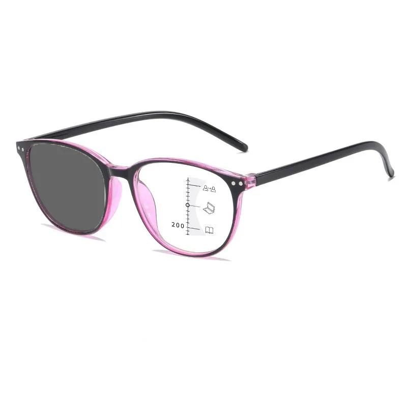 Women Round Photochromic Reading Glasses Trendy HD Color Changing Multifocal Glasses Men Anti-blue Ultralight Presbyopia 0+4.0