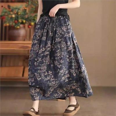 Women Vintage Print Floral Skirts Elastic Waist Casual Cloths Spring Soft Women A-Line Skirts