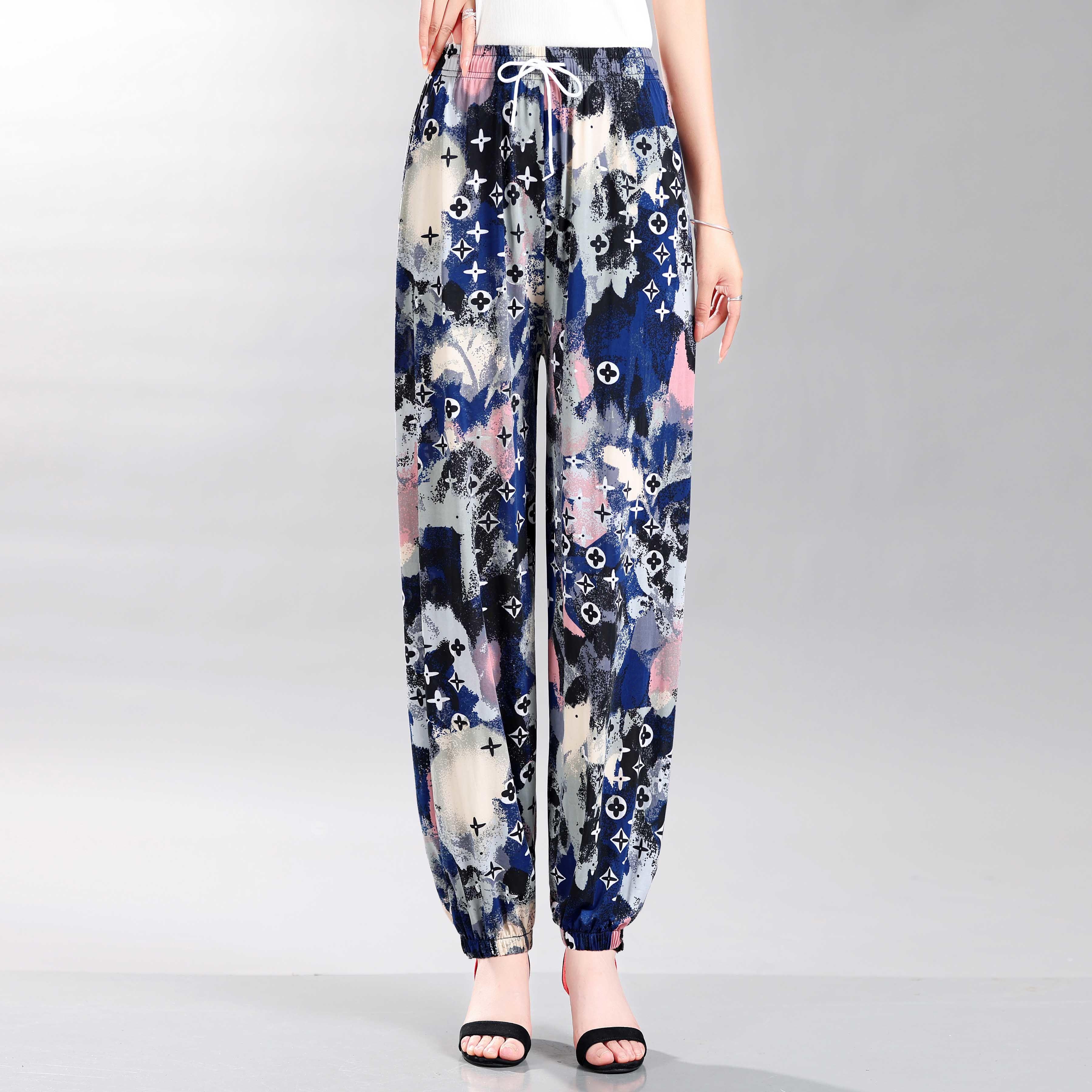 

Летние брюки-фонарики из ледяного шелка, женские, с высокой талией, эластичные, большого размера, брюки с цветочным принтом для мам, женские брюки среднего возраста, обтягивающие брюки 4XL