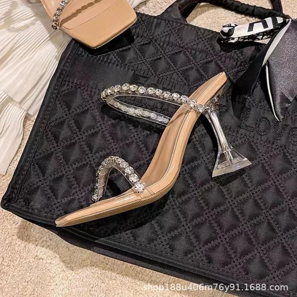 Transparent high heels women's summer 2025 new fashion Internet celebrity stiletto with cool slippers wear rhinestone sandals