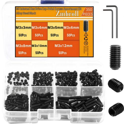 Zmbroll M3 Black Headless Grub Screws, 350pcs M3x3/4/5/6/8/10/12mm Set Screws, Allen Head Screws, Socket Head Cap Screws 12.9 Class Alloy Steel Fasten