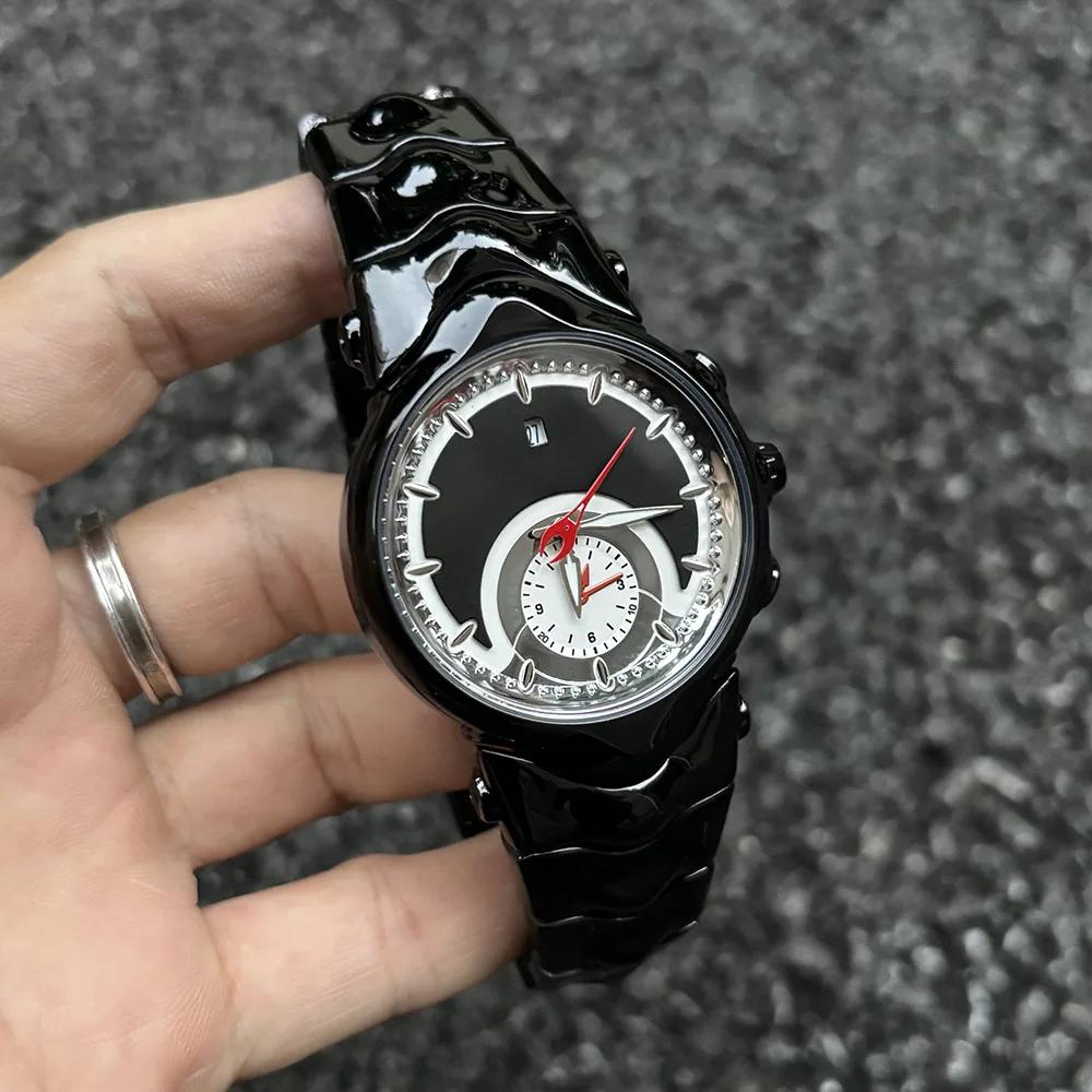 Fake Dial All Black Unique Quartz Watches Men Y2K Creative Different Shapes Matte Smooth Case Watch Man Steel Watch Male Clock