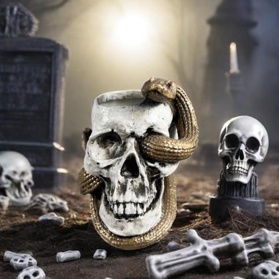 Skull Snake Figurine Small Resin Snake Skeleton Head Sculpture Gothic Tabletop Decoration for Halloween Party Bar Office Desk Ornament