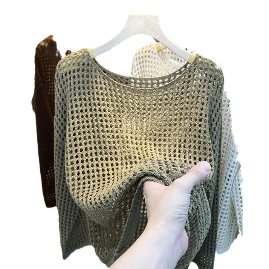 Effen kleur ronde hals lange mouwen gehaakt gaas shirt dames zomer sexy pure verlangen overjas dun topje met bretels