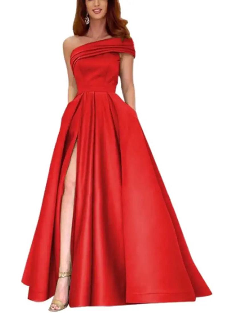 Зеленое атласное вечернее платье на одно плечо с высоким разрезом и юбкой-пачкой S красный