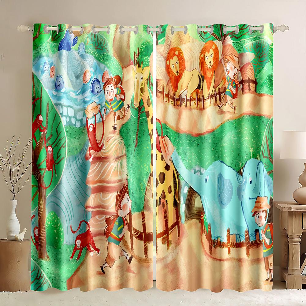 Safari Animals Cartoon Jungle Forest Window Curtains Blinds For Living Room Kids Bedroom Bathroom Kicthen Door Home Decor 2Pcs