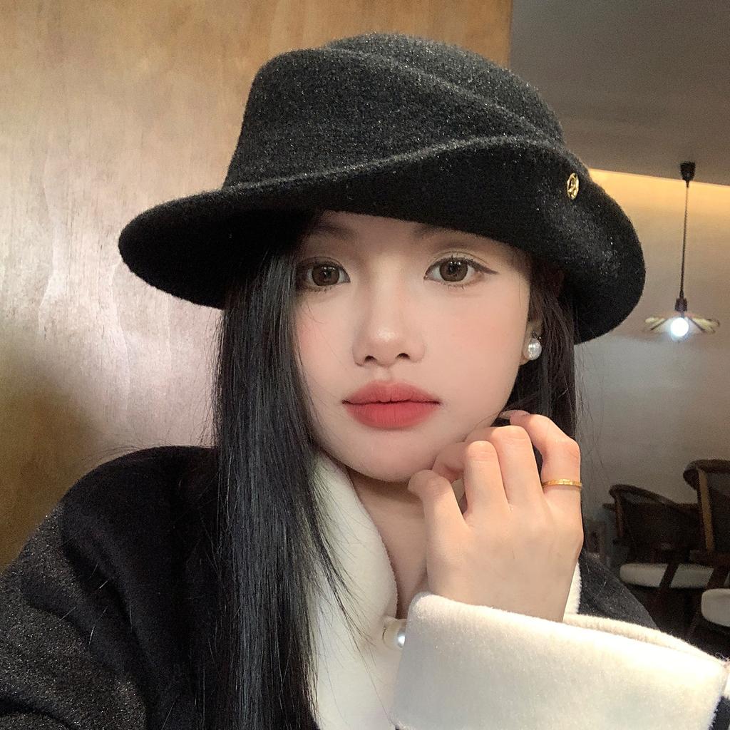 French Hepburn Style Elegant Woolen Hemming Thousand Gold Top Hat Children Autumn And Winter Retro Versatile Face Small Bucket Hat