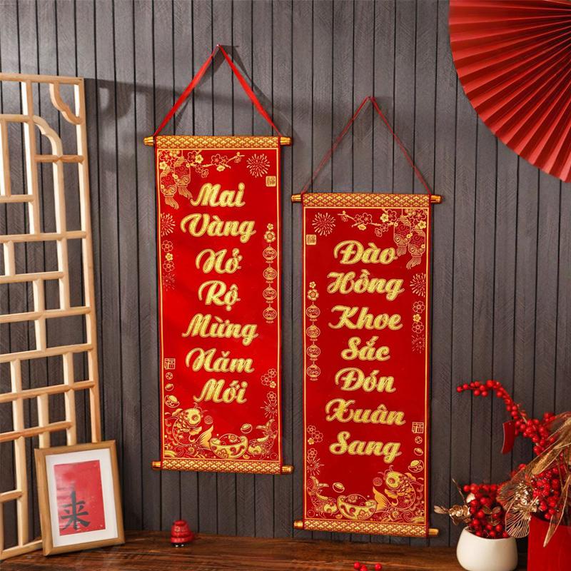 1 pár Vietnamský Nový rok 2026 Tradiční Tet Dekor Nástěnná závěsná Červené dvojverší Banner Červené dvojverší Závěsné cedule