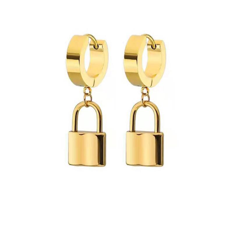 18K Gold-Plated Titanium Steel Small Lock Pendant Hoop Earrings - European/American Style Fashion.
