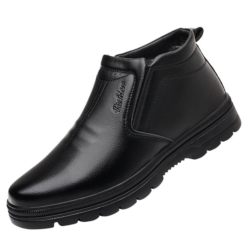 

Кожаные мужские деловые хлопковые ботинки Зимние плюшевые слипоны Повседневная обувь Противоскользящие ботинки с высоким верхом Мужская рабочая обувь Удобная теплая обувь 38