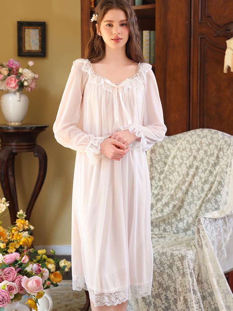 Elegant French Lace Modal Princess Nightgown - Women's Long Sleeve Sleepwear for Spring and Autumn