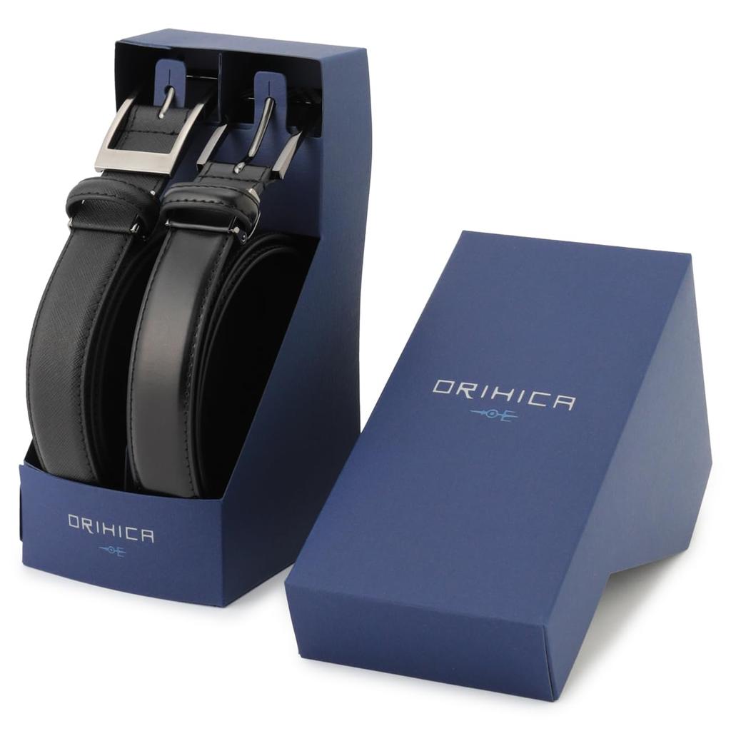 ORIHICA Set aus Businessanzug Verstellbar Echt Geschenkbox Schwarz Nadelstreifen Nakaichi Saffiano Kostenlos Zweiteilige Gürtel, Größe, Leder, Inklusive, Herren Karomuster/Schwarz