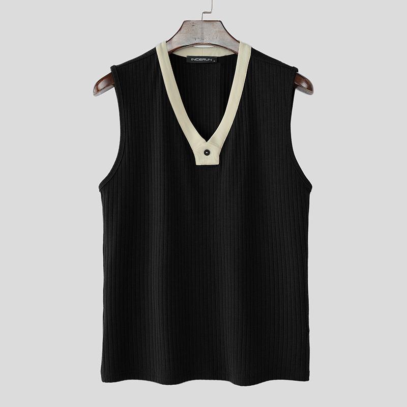 

INCERUN Men V Neck Sleeveless Patchwork Rib Casual Tank Tops Undershirts 4XL чёрный