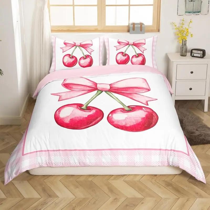 Kreskówkowy różowy zestaw pościeli księżniczki z kokardą, dekoracja sypialni dziewczynki, różowo-biały poszewka na kołdrę, 2 poszewki na poduszki