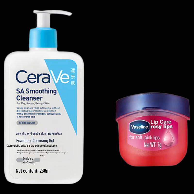 CeraVe SA Smoothing Cleanser with Vaseline Rose Lip Therapy Bundle